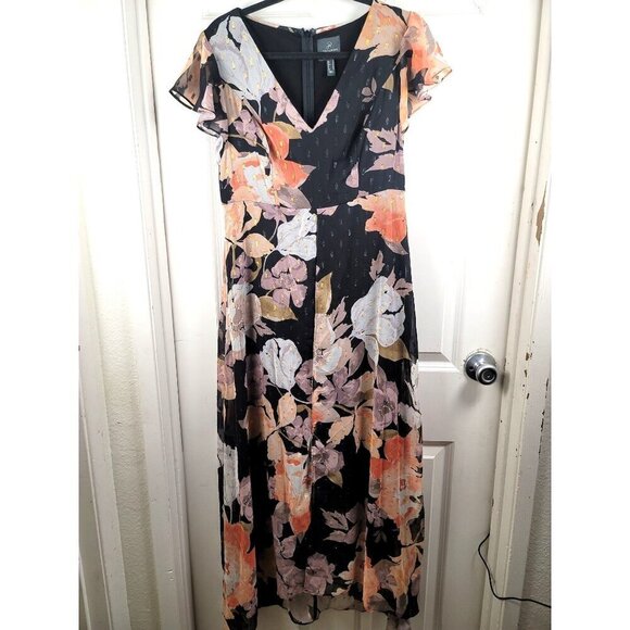 Adrianna Papell Floral Chiffon Jumpsuit Black Multi V-Neck Short Sleeve Size 6 - Picture 2 of 12